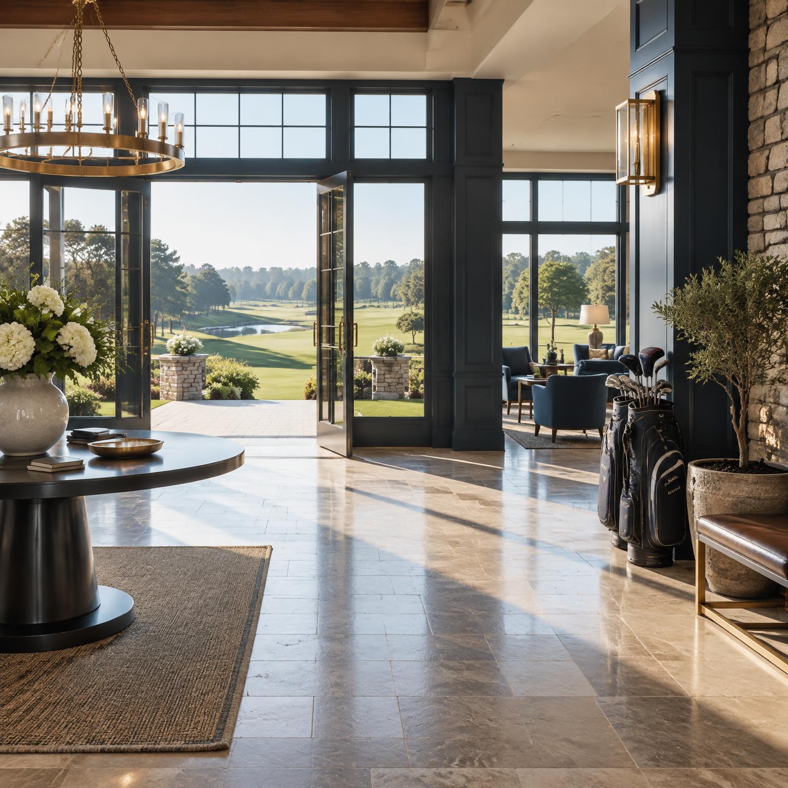 Polished golf clubhouse lobby ready for members and guests
