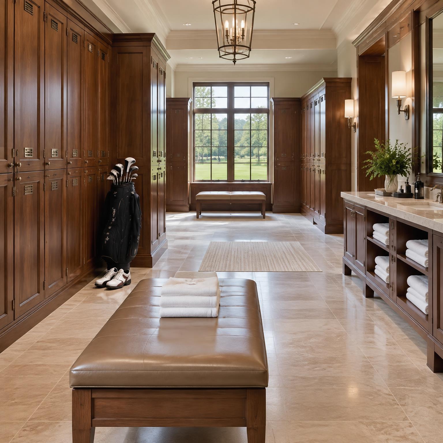 Spotless golf club locker room with detailed surfaces