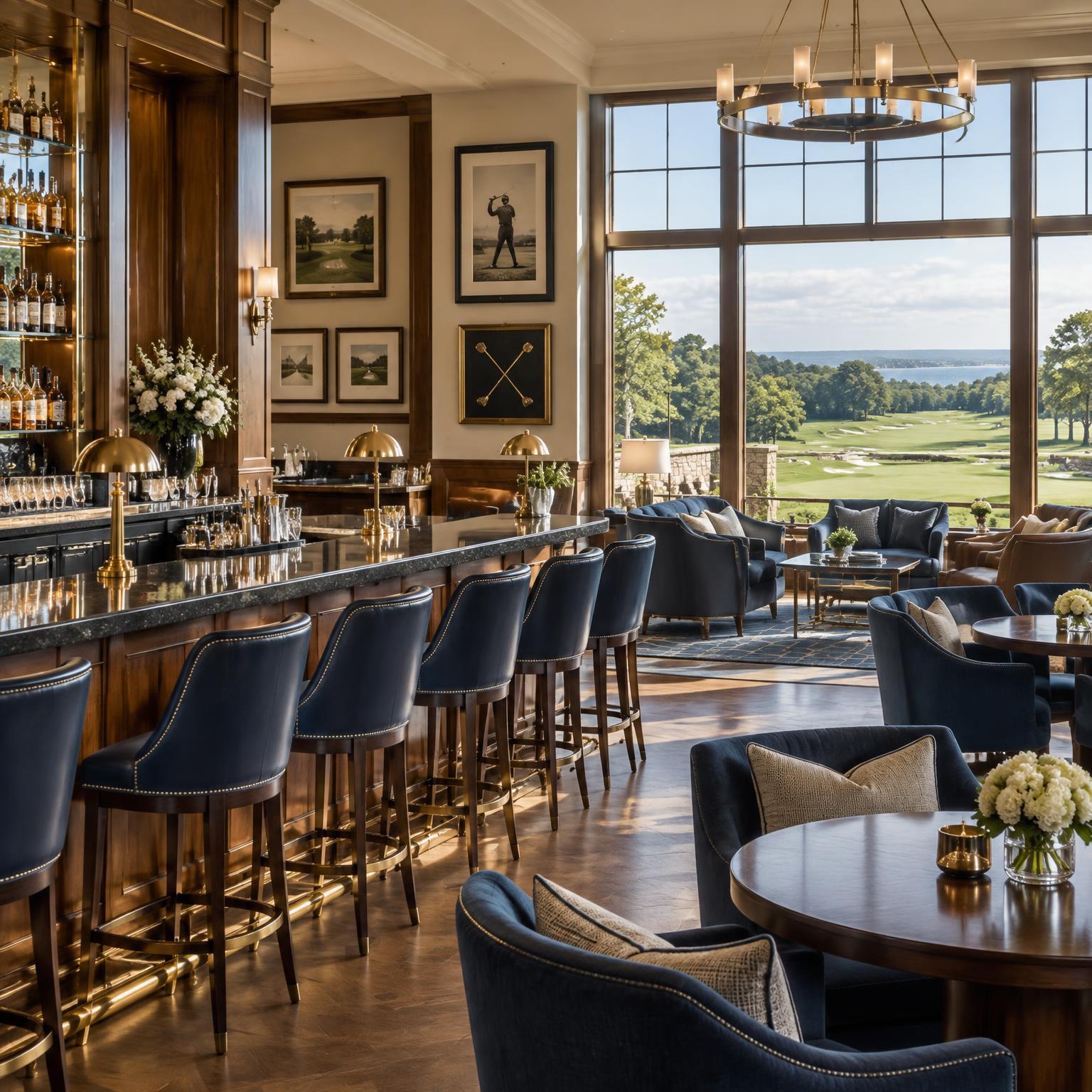 Immaculate golf clubhouse bar ready for service