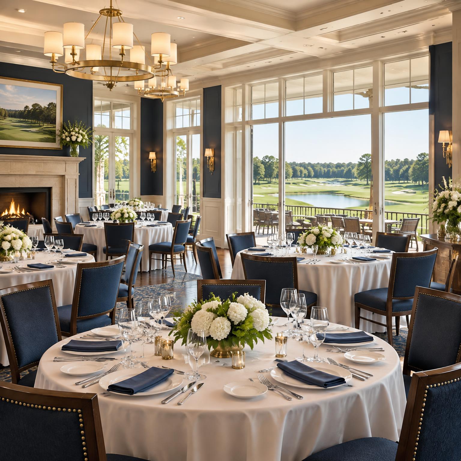 Polished golf club banquet room prepared for an event