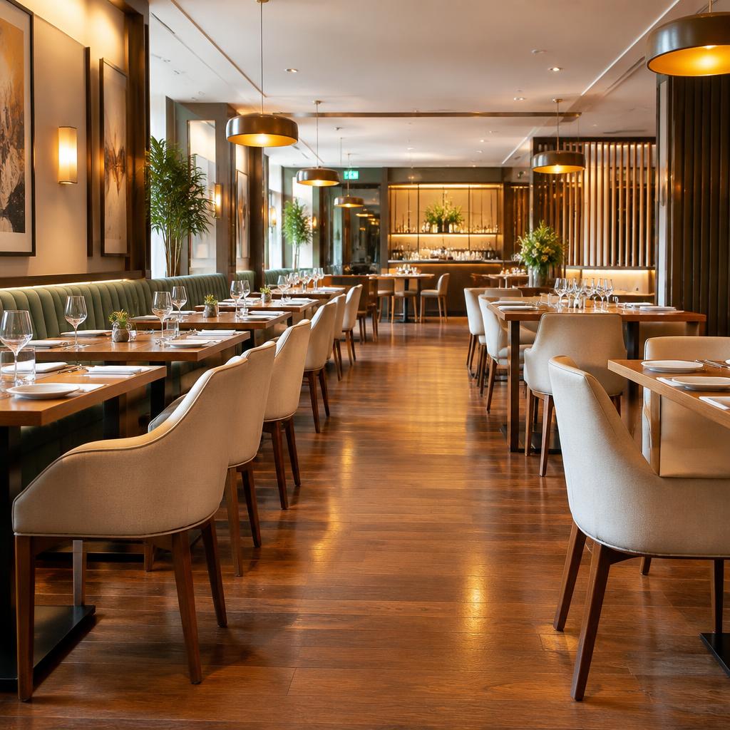 Immaculate restaurant dining room ready for service