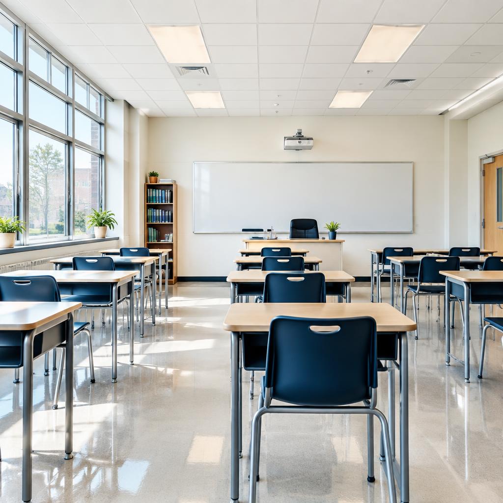 Spotless modern school classroom ready for students