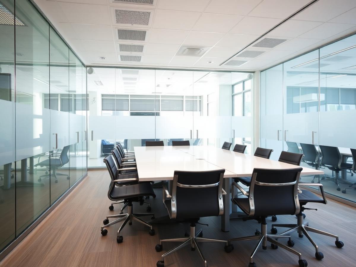 Clean office conference room with wiped table and glass walls