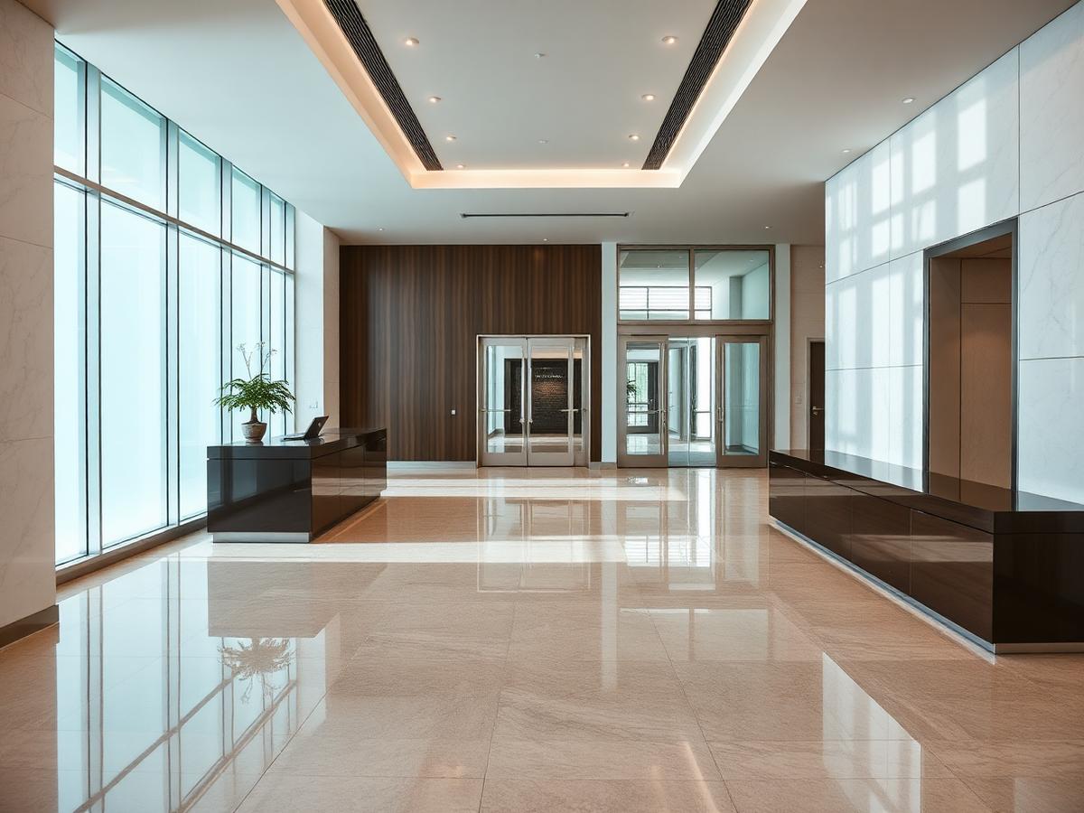 Polished commercial lobby floor after professional janitorial service